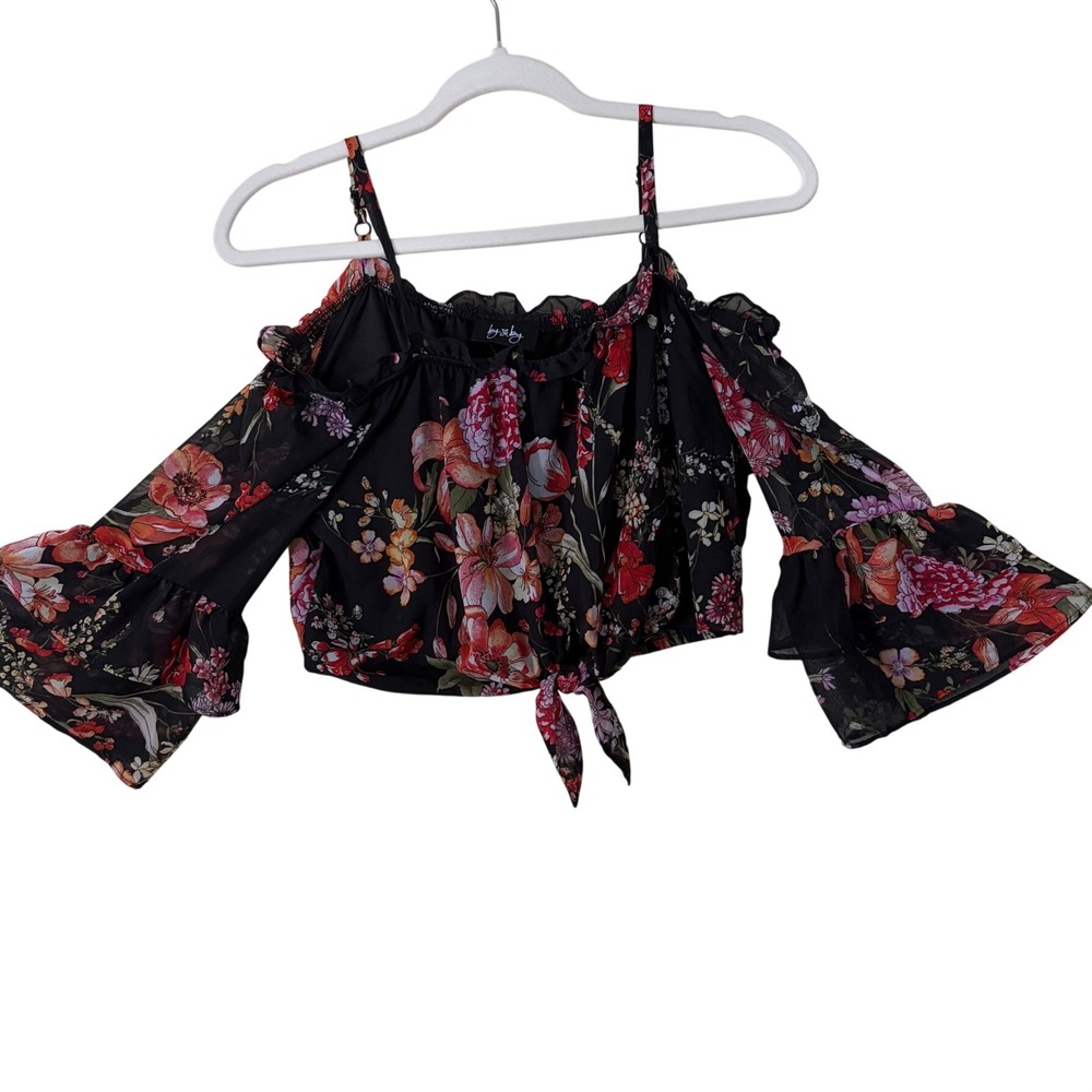 By & By Floral Cold Shoulder Crop Top Black Bell Sleeve Tie Front XL 116545P